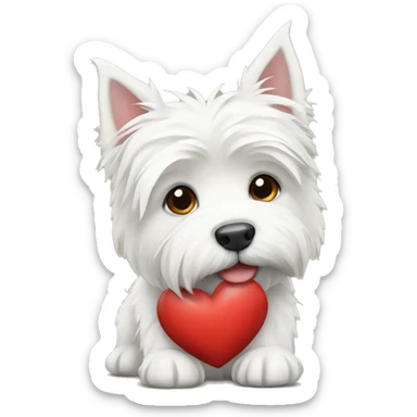White highland terrier holding a heart sticker