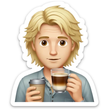 blond guy with disheveled hair and a glass of coffee sticker