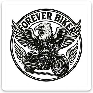 circular transparent background design for motorcycle cap, text 'FOREVER BIKER', motif: eagle, motorcycle, wing, American style sticker
