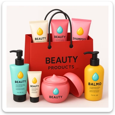 Gift bag with beauty products (shampoo, creams, styling products), a gift bag is beautyful open box with luxury brand-labeled beauty products standing nearby, emoji style, red bag sticker