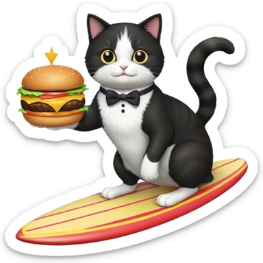 tuxedo cat riding a surfboard and holding a burger sticker