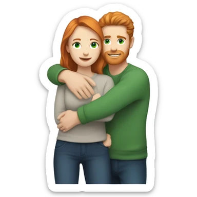 Hugging each other, one man, tall, ginger hair and blue eyes, one woman has brown hair and green eyes  sticker