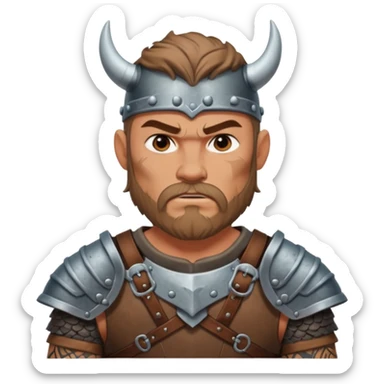 A rugged Viking man with tattooed arms, leather armor, and intense eyes ready for battle.
 sticker