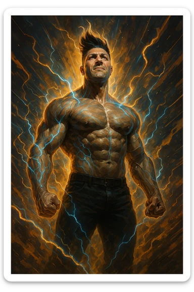 cinematic a man with a chiseled physique and wild, upward hair stands center stage, fists clenched and chest out. A radiant, electric aura envelops him, with energy lines and glowing effects highlighting his strength and masculinity. His face shows determination and pride, and the background features explosive, dynamic patterns. sticker
