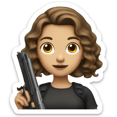 Girl with shoulder length wavy brown hair holding gun sticker