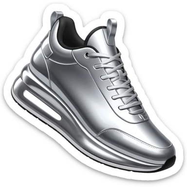 A pair of futuristic sneakers emoji made of silver chrome, sleek streetwear design, smooth metallic panels, subtle reflections, luxury swag aesthetic, iOS emoji style, centered, clean white background sticker