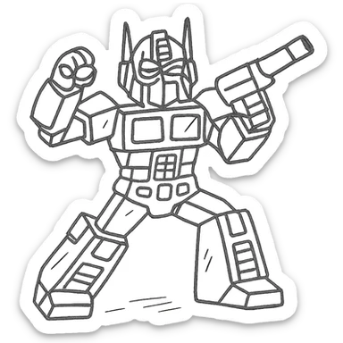 Optimus Prime in a dynamic pose, hand-drawn black outline style sticker