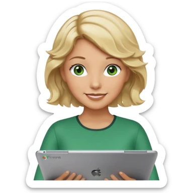 short wavy blonde hair tan skin teacher green eyes woman happy holding chromebook sticker