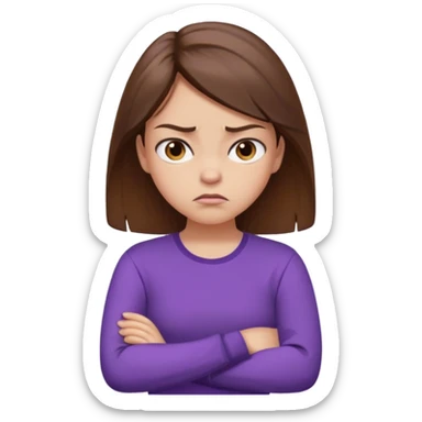 Angry Pouty girl with squinted eyes folding arms in a purple longsleeve shirt she has fair skin and brown hair sticker