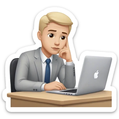 A thoughtful manager sitting at a desk with a MacBook, looking up, hand on chin, deep in thought sticker