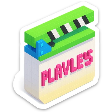 voxel style movie clapperboard with the text 'PLAVLEYS', neon green lid, white body, isometric view sticker