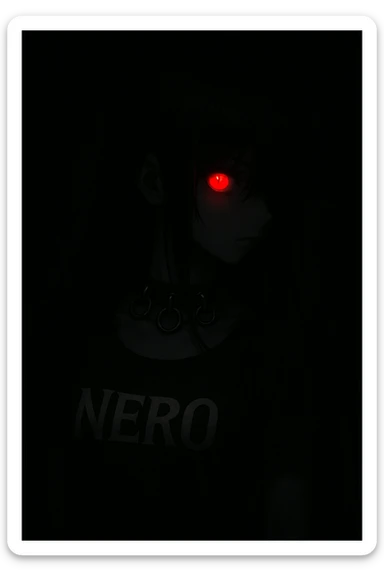 In a pitch-black setting, a mysterious anime girl with black hair covering her face turns right. Her left eye glows crimson, radiating menace. She wears a dark leather necklace with metal rings, and 'NERO' is sharply inscribed on her dress. sticker