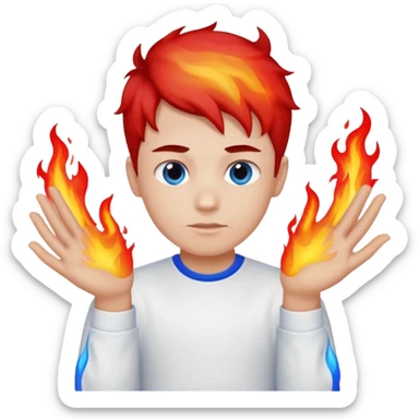 A boy with no hands fire instead made out of red fire and ,blue fire only on a white shirt that the boy is wearing  sticker