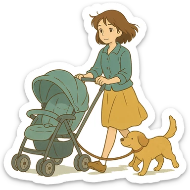 ghibli style girl walking with a stroller and dog on a leash, soft colors sticker