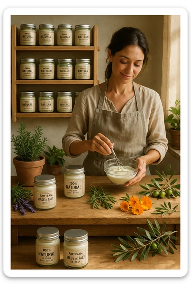 A realistic, high-quality photo of a small artisan skincare laboratory in Italy, with wooden shelves displaying beautifully packaged glass jars of natural creams made with herbal and botanical extracts, olive oil, and essential oils, clearly labeled ‘100% Natural’ and ‘Artisan Made in Italy’. The scene includes a bright, sunlit rustic workspace with plants, fresh lavender, rosemary, calendula flowers, and olive branches on the wooden counter, symbolizing purity and nature. A female artisan in a linen apron is carefully mixing creams in a glass bowl, smiling softly. The environment feels warm, authentic, and eco-friendly, emphasizing the concept of handcrafted skincare without synthetic chemicals in italiano sticker