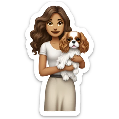 Pretty white brunette long wavy hair girl, holding a cute cavalier King Charles spaniel dog with short ears wavy fur sticker