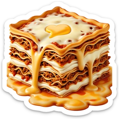Lasagne alla Bolognese Cinematic Realistic Lasagne alla Bolognese Dish Emoji, depicted as a messy, layered pasta dish overflowing with melted cheese and rich meat sauce, rendered with hearty textures and warm, indulgent lighting. sticker