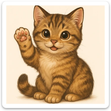 A cute cat waving its paw, friendly and adorable, in general style, detailed and vibrant. sticker