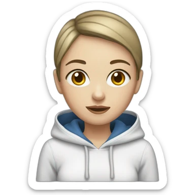 girl with short hair blue, eyes, white skin, with  hoodie, with computer sticker