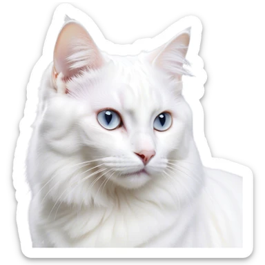 Cinematic Noble White Cat Portrait Emoji, Poised and stately, with a pristine, snow-white fur accented by delicate hints of silver, refined whiskers and a serene, focused gaze, simplified yet impeccably detailed, glowing with an ethereal radiance and timeless elegance, high shine, exuding calm intelligence and regal simplicity, soft glowing outline, capturing the essence of a noble white cat that radiates quiet majesty! sticker