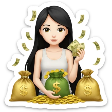 a pretty bratz fair girl with long straight black hair  with a white tank top surrounded by money bags sticker