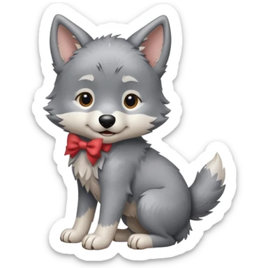 an animated gif sticker emote of a wolf puppy in a play bow wagging its tail in a smooth, natural arc over its back sticker