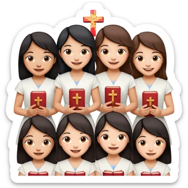 eight asian girls holding bibles and crosses and laughing  sticker