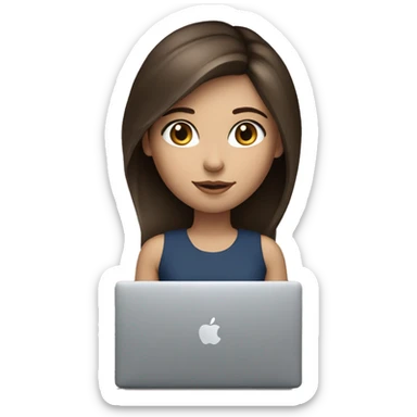 Brunette girl, fair skin, blue eyes, works on a MacBook sticker