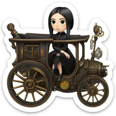 Wednesday Addams riding in a bright steampunk electric wagon sticker