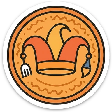 minimalist flat color logo of a jester's hat with a fork and a paintbrush as two bells, on a round plate with hand-crafted ceramic patterns, warm and inviting, playful but professional, culinary and pottery workshop sticker