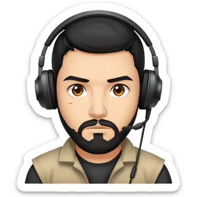 Serious gamer face with black hair, brown eyes, black beard, wearing gaming headset sticker
