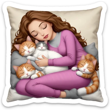 girl with long wavy brown hair, brown eyes, long lashes makeup, sexy pink lips, light to medium complexion,  sleeping on a cozy pillow, with 6 cats: 1 brown and white tabby cat, 1 ginger and white, 2 grey and white, 1 grey with white mittens and small white patch on chest and 1 calico, sleeping sticker