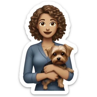 white women with curly medium length brunette hair, holding a cute yorkie dog sticker