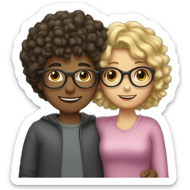 boy with curly blonde hair and glasses hugging girl with wavy black hair and glasses sticker