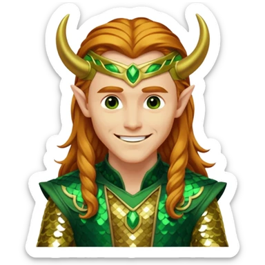 Loki, God of Mischief from Gods and Goddesses with long reddish blonde hair, green and gold sequin outfit sticker