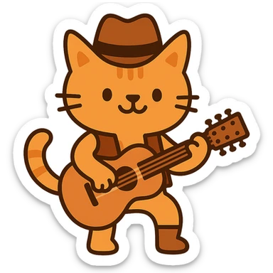 flat toon orange cowboy cat strumming an acoustic guitar  sticker