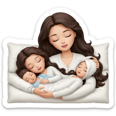White Barbie girl dark brown long wavy hair in white clothes sleeping with white baby at cream bed, eyes are closed sticker