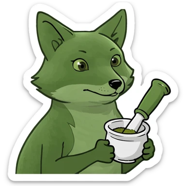 Add a mortar and pestle or medical cross to the baby fox, referencing pharmacology, in the bufo frog meme style, with no background. sticker