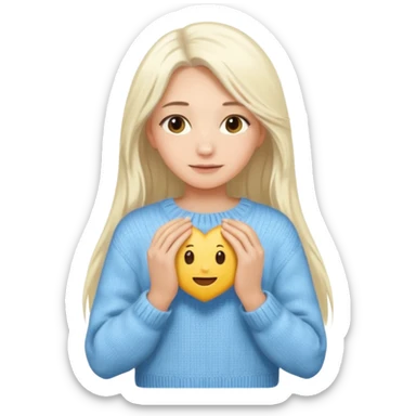 blonde woman with long white hair holding a sweater in hands, simple features, emoji style sticker