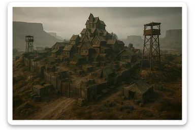 A small hilltop mesa city in the videogame dayz, screensot, based on whiterun but with modern DayZ architecture  sticker