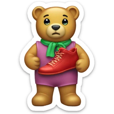 A gummy bear holding a shoe sticker