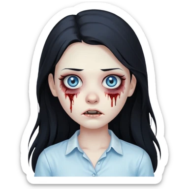zombie girl with long black hair and white shirt light blue eyes  sticker