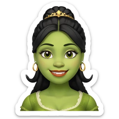 A beautiful girl Shrek, who has big eyelashes and had black hair. She has some makeup on too. She is dressed very very trendy. And she is smilingl. sticker