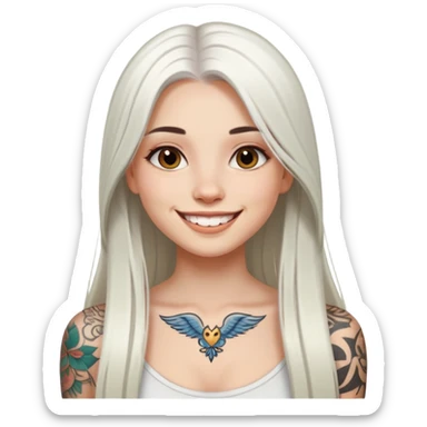 girl with long white  straight hair and tattoos with smile sticker