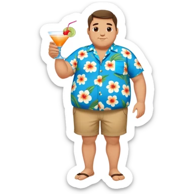 chubby guy full figure in a flowered azure havai shirt, brown shorts and flippers holding a cocktail sticker