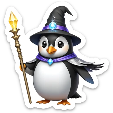A penguin wizard casting a spell with sparkles sticker