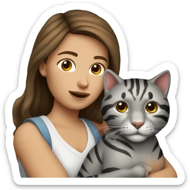 Woman with Brown hair, With a grey Tiger cat in her Arms  sticker
