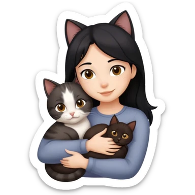 happy girl with black hair hugging three cats  (dark brown cat, full gray cat, brown calico cat) sticker