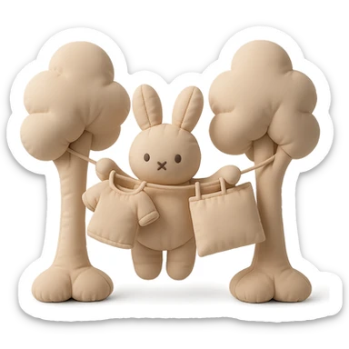 bunny hanging laundry between trees, calming domestic forest feel, cushion style, flawless, high quality, no imperfections sticker