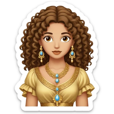 Beautiful Greek woman with very long puffy curly hair, wearing ornate gold jewelry and cute stylish clothes sticker